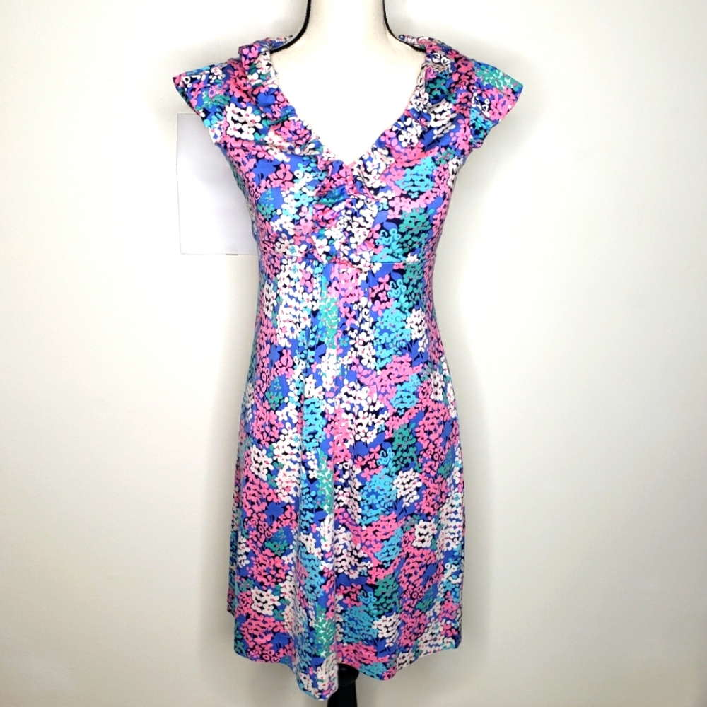 Lilly Pulitzer Dress Extra Small XS Clare Floral Blue Pink Ruffle Silk Cotton